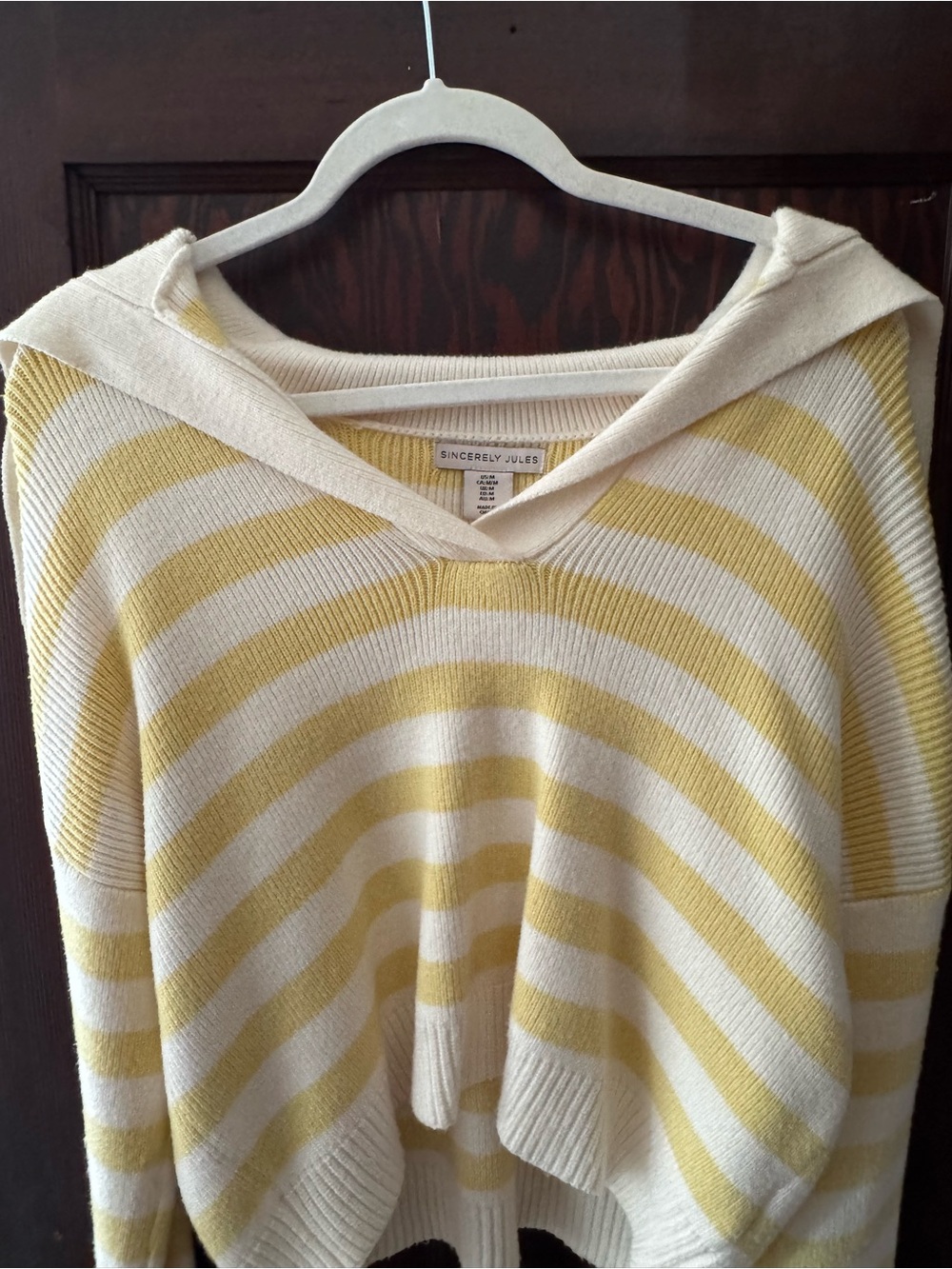 Sincerly Jules Cream and Yellow Striped V-Neck Hooded Sweater
